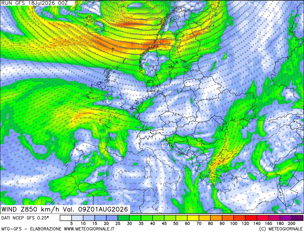 mappa 850 hPa Vento forza e direzione