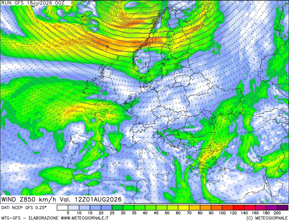 mappa 850 hPa Vento forza e direzione