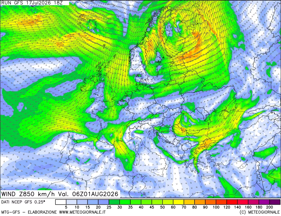 mappa 850 hPa Vento forza e direzione