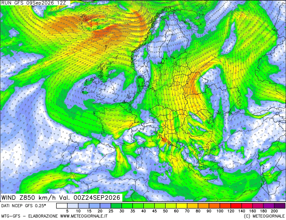mappa 850 hPa Vento forza e direzione