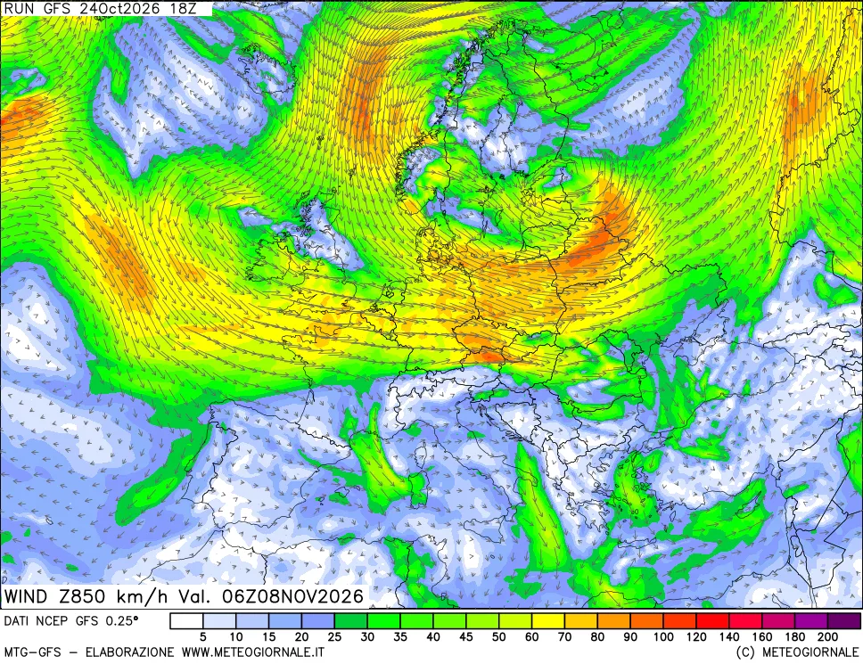 mappa 850 hPa Vento forza e direzione