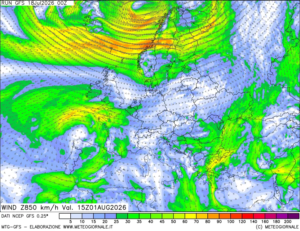 mappa 850 hPa Vento forza e direzione