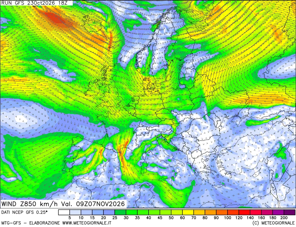 mappa 850 hPa Vento forza e direzione