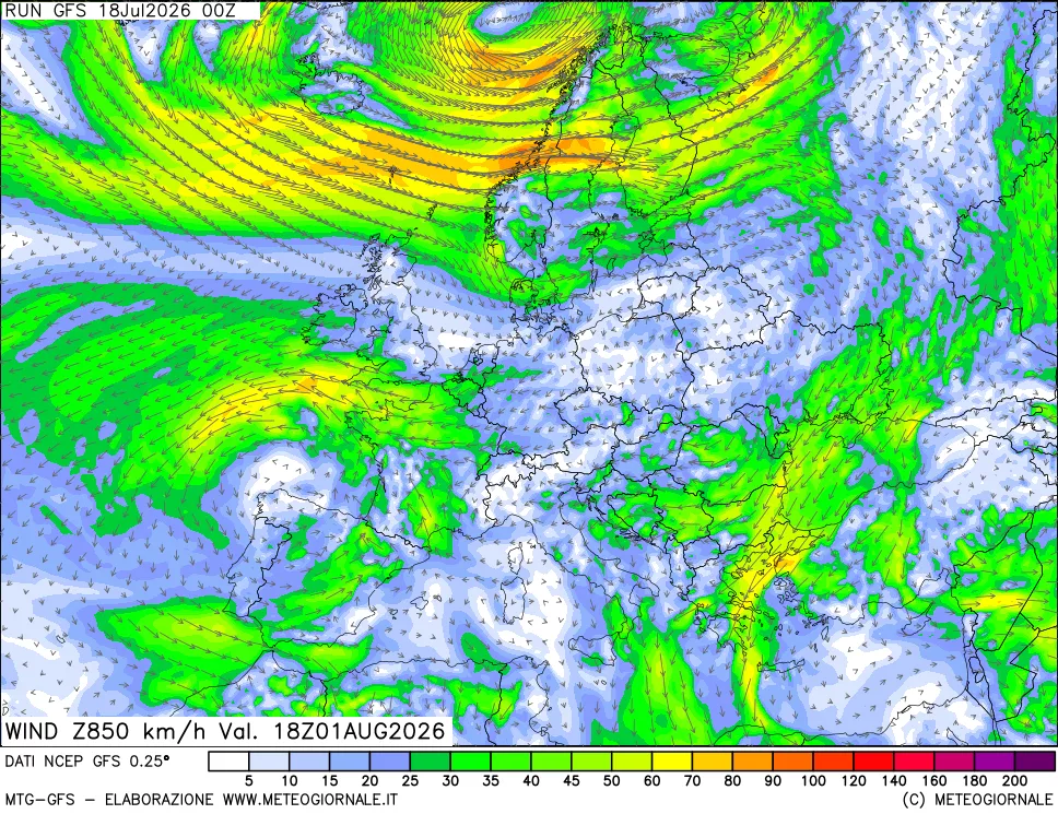 mappa 850 hPa Vento forza e direzione
