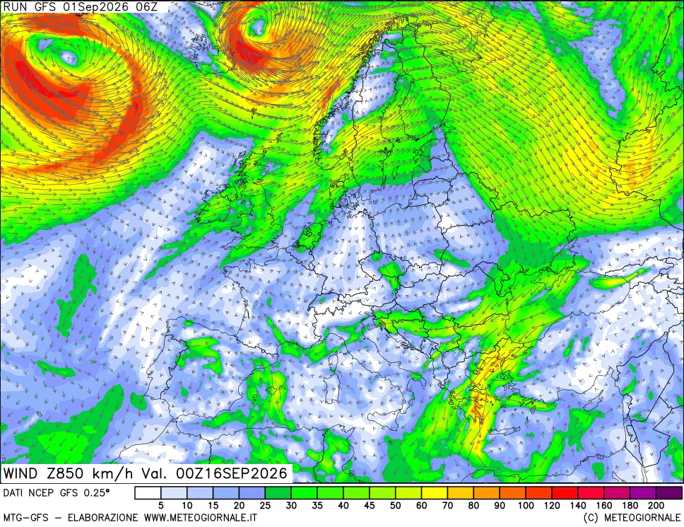 mappa 850 hPa Vento forza e direzione