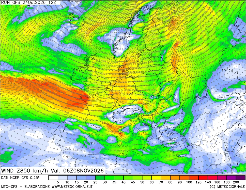 mappa 850 hPa Vento forza e direzione