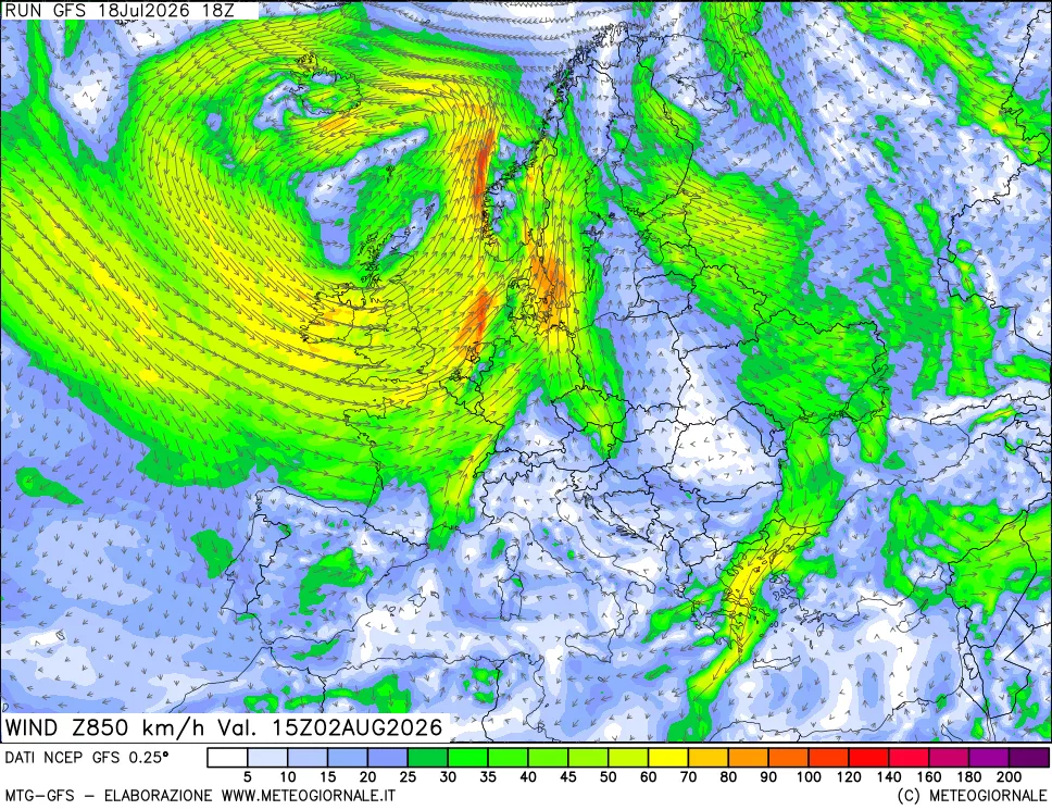 mappa 850 hPa Vento forza e direzione