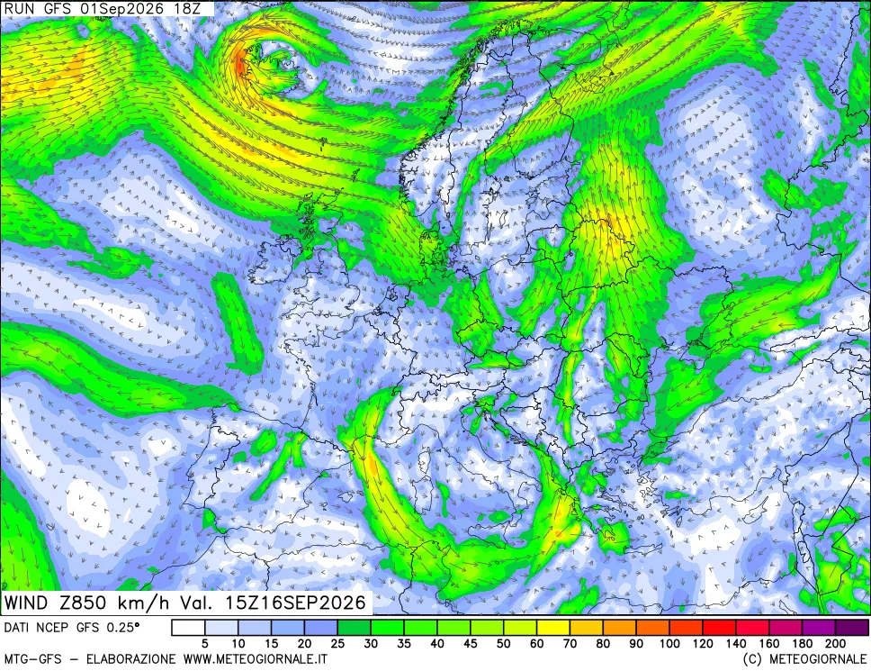 mappa 850 hPa Vento forza e direzione