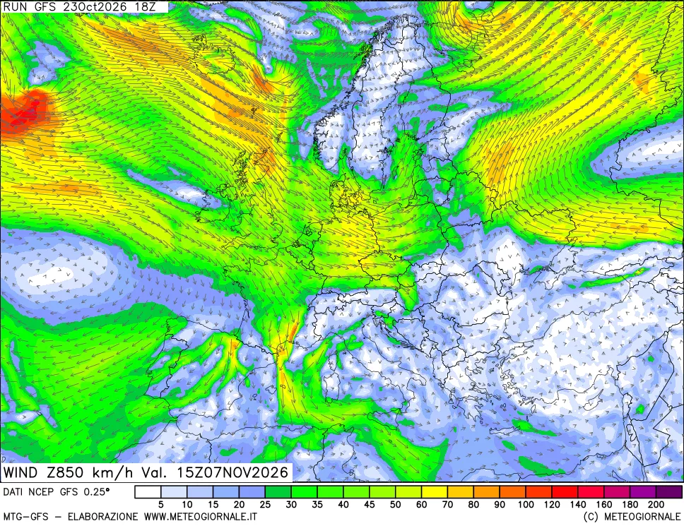 mappa 850 hPa Vento forza e direzione