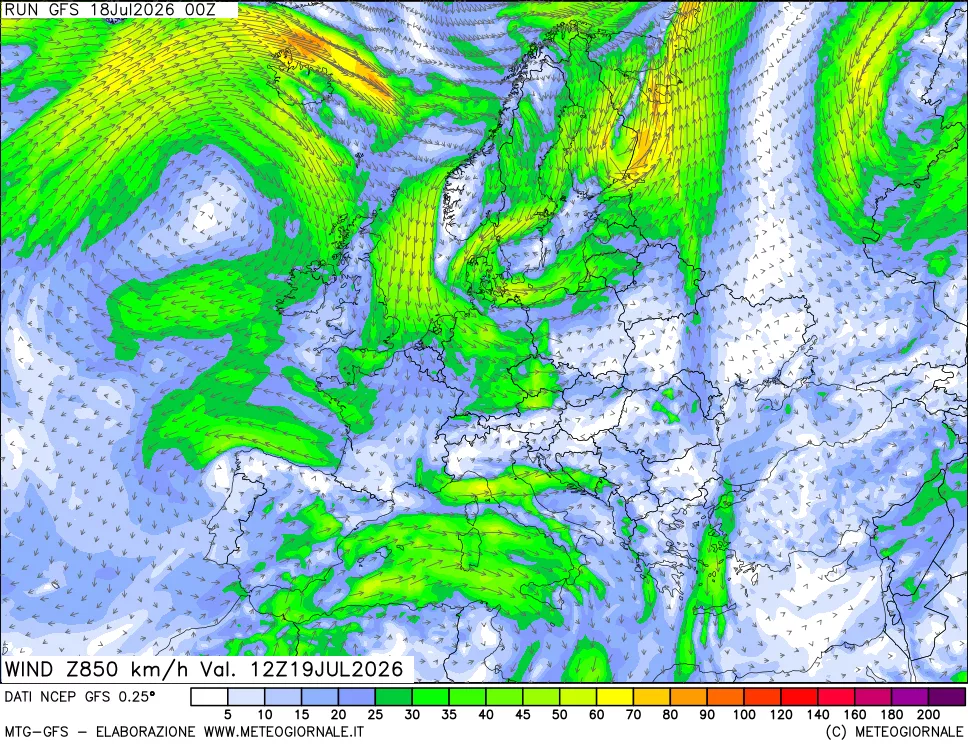 mappa 850 hPa Vento forza e direzione