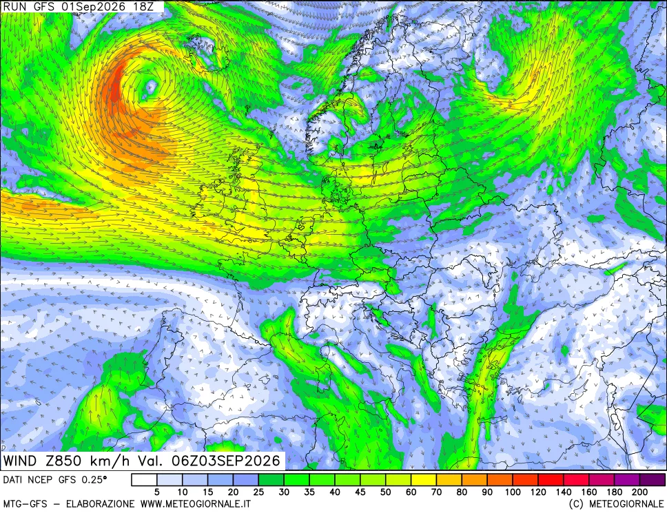 mappa 850 hPa Vento forza e direzione