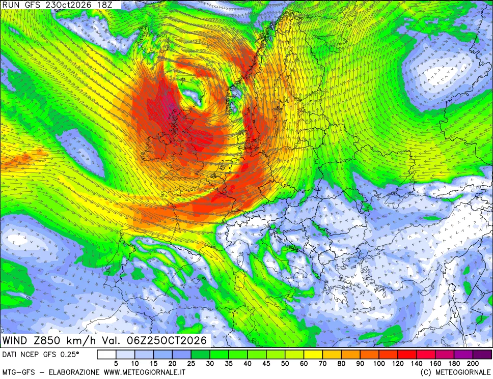 mappa 850 hPa Vento forza e direzione