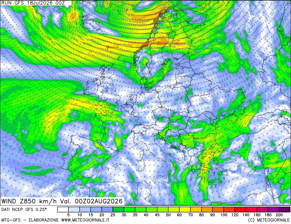 mappa 850 hPa Vento forza e direzione
