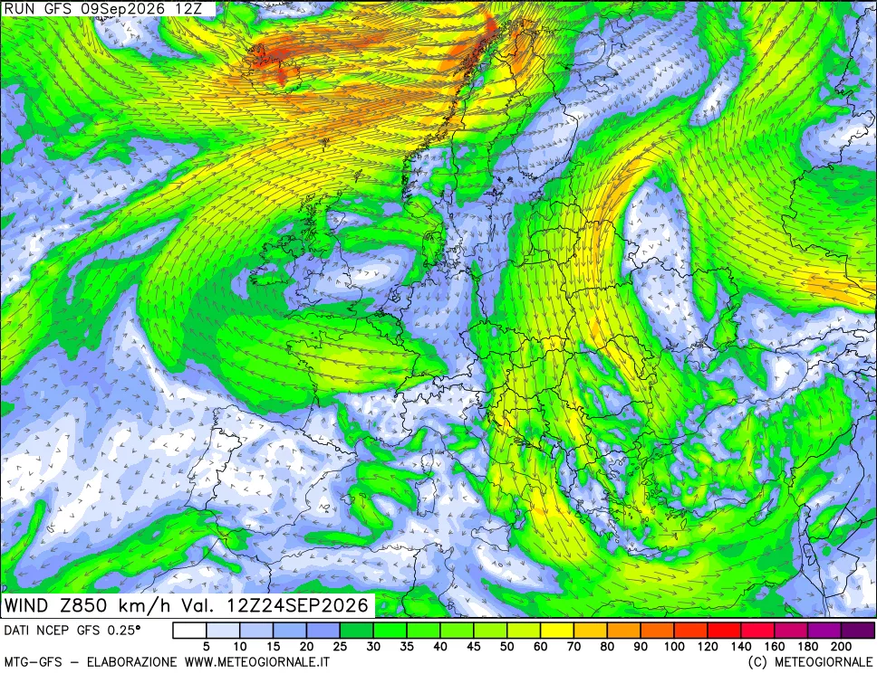 mappa 850 hPa Vento forza e direzione