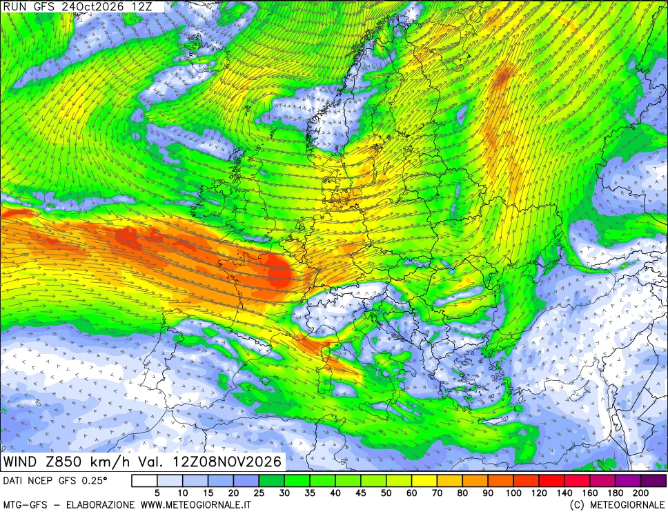 mappa 850 hPa Vento forza e direzione