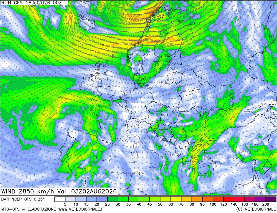 mappa 850 hPa Vento forza e direzione