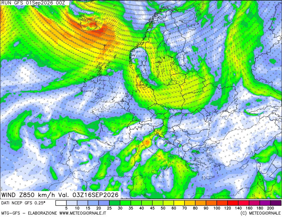 mappa 850 hPa Vento forza e direzione