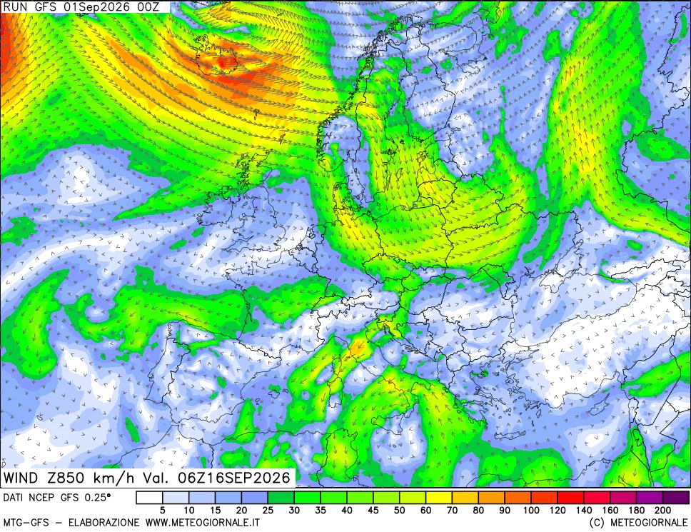 mappa 850 hPa Vento forza e direzione
