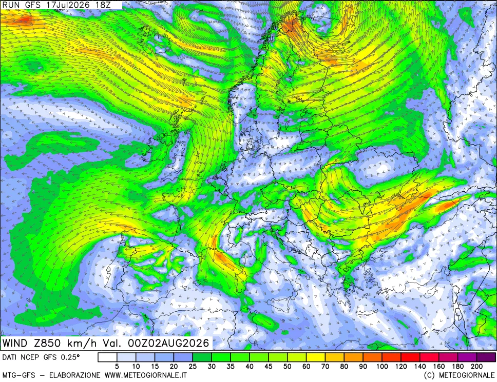 mappa 850 hPa Vento forza e direzione