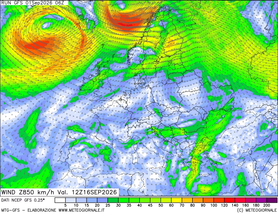 mappa 850 hPa Vento forza e direzione