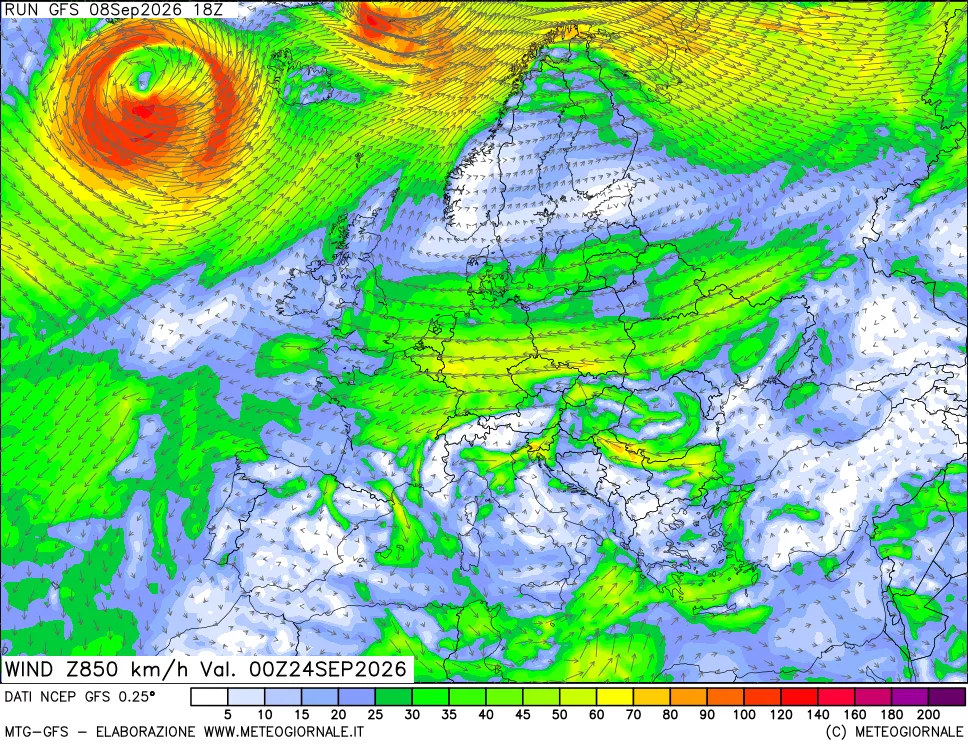 mappa 850 hPa Vento forza e direzione