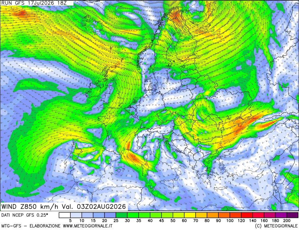 mappa 850 hPa Vento forza e direzione