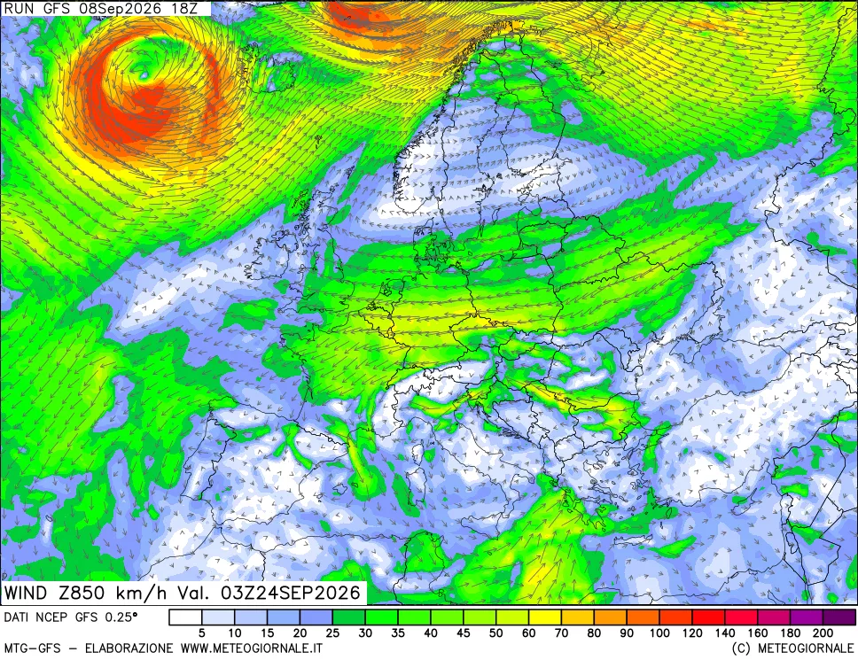 mappa 850 hPa Vento forza e direzione