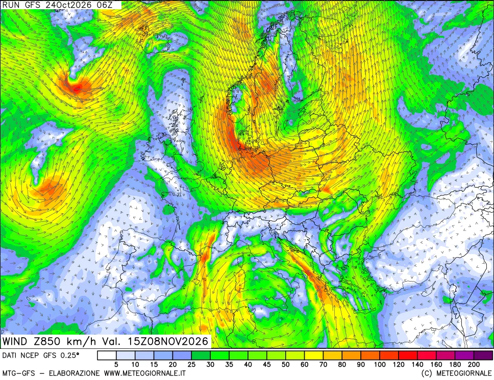 mappa 850 hPa Vento forza e direzione