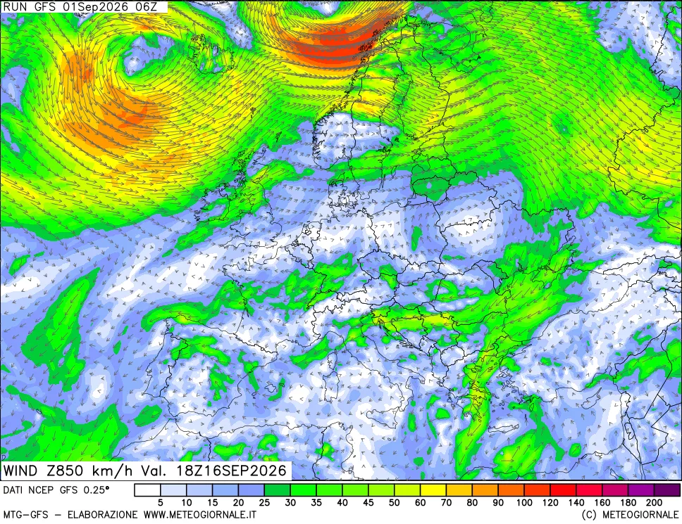 mappa 850 hPa Vento forza e direzione