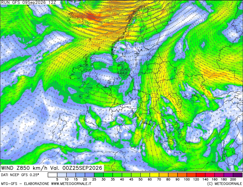 mappa 850 hPa Vento forza e direzione