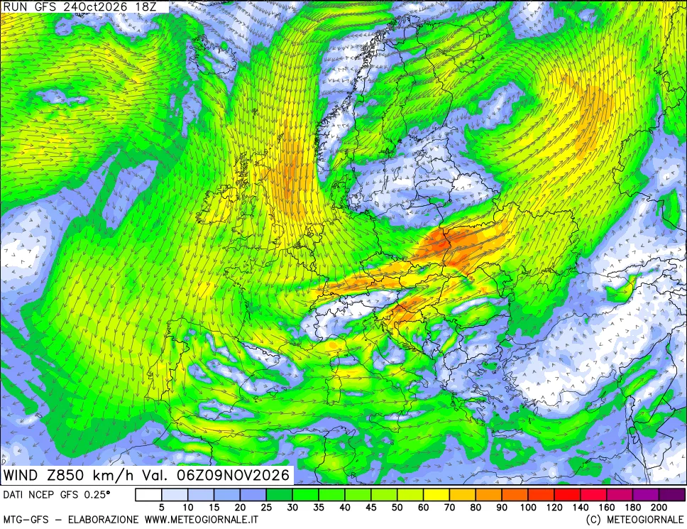 mappa 850 hPa Vento forza e direzione