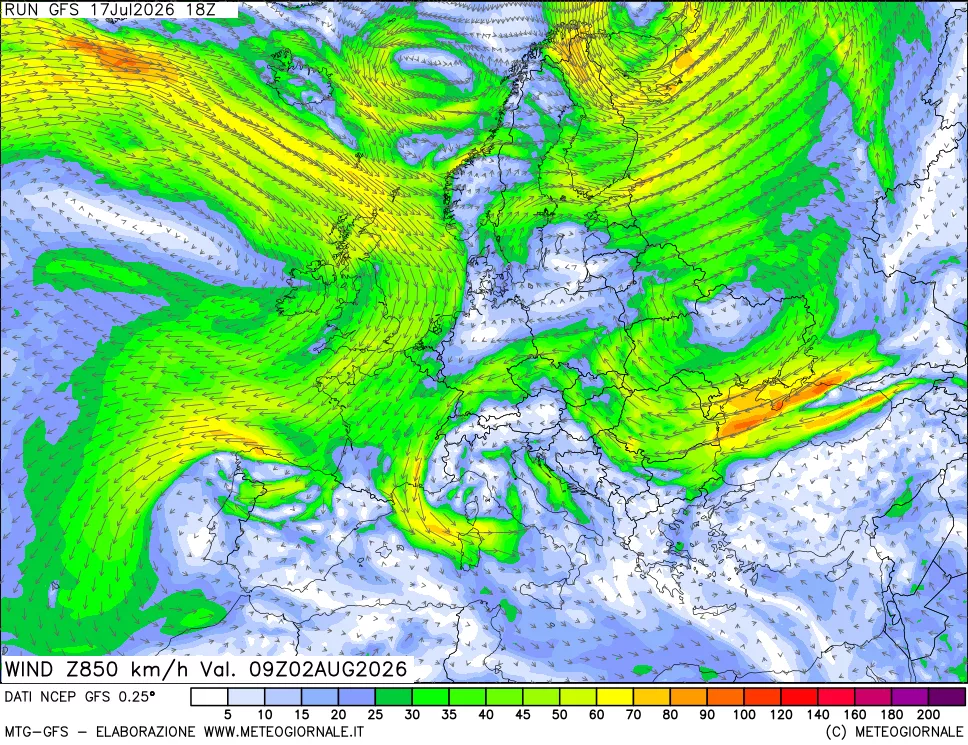 mappa 850 hPa Vento forza e direzione