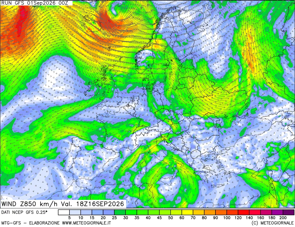 mappa 850 hPa Vento forza e direzione