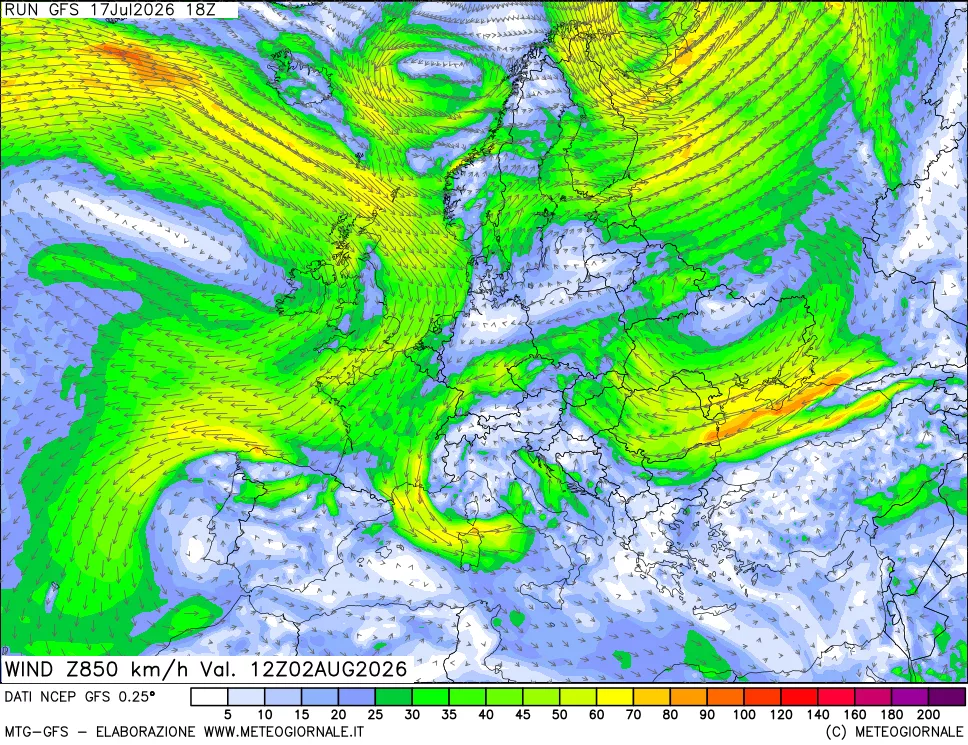 mappa 850 hPa Vento forza e direzione