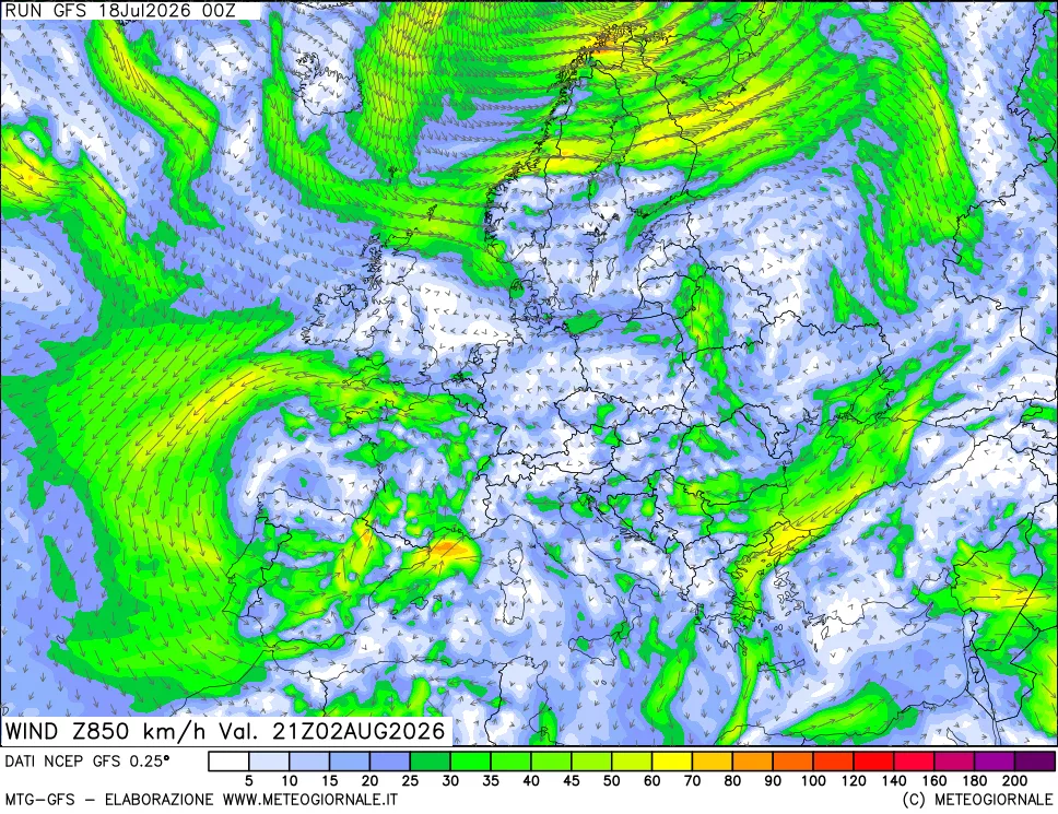 mappa 850 hPa Vento forza e direzione