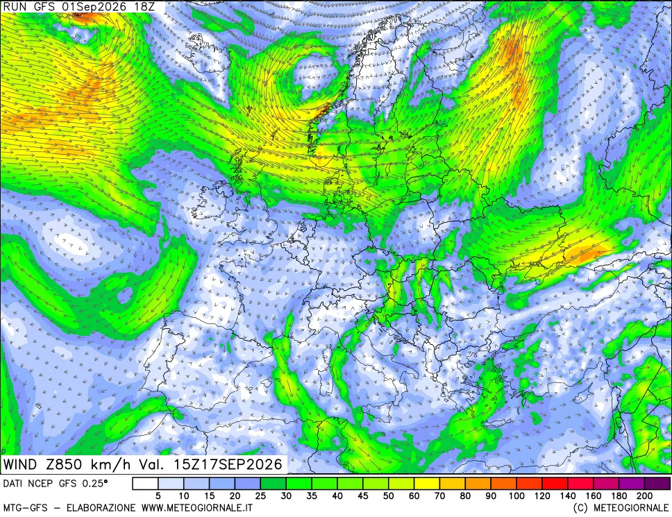 mappa 850 hPa Vento forza e direzione
