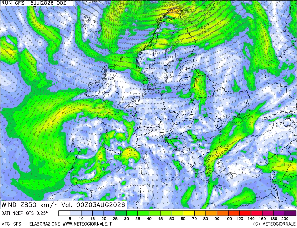 mappa 850 hPa Vento forza e direzione