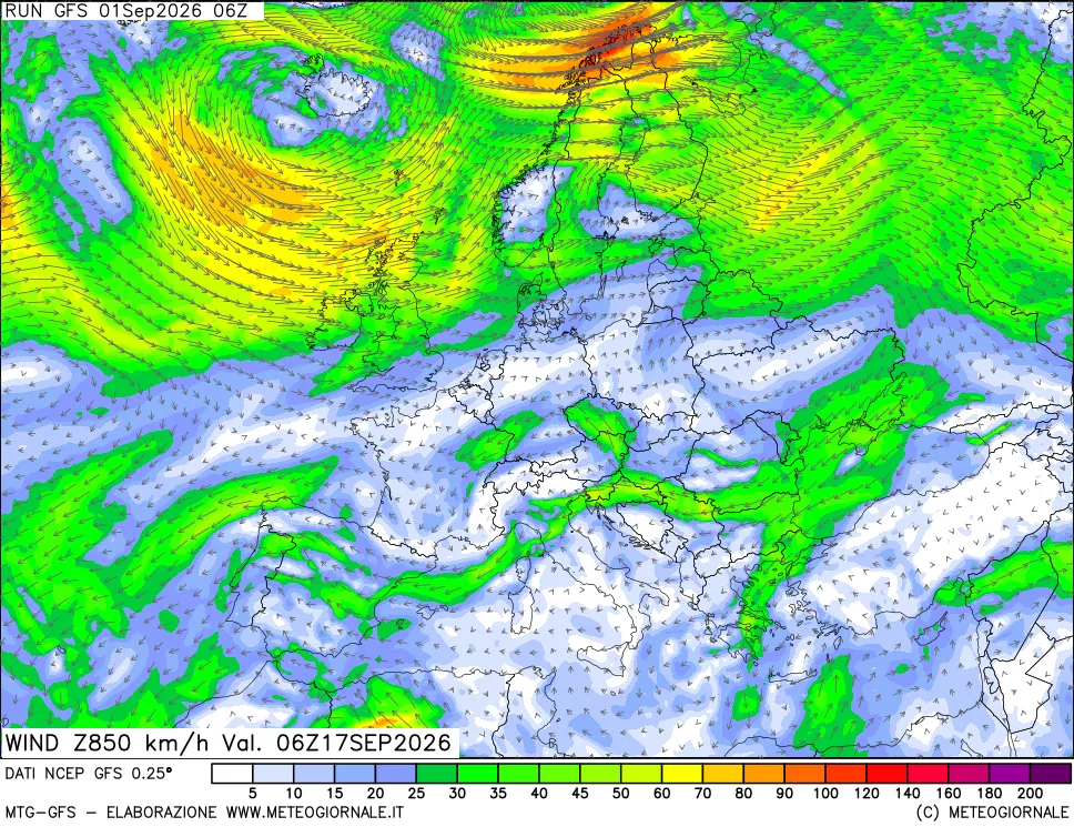 mappa 850 hPa Vento forza e direzione