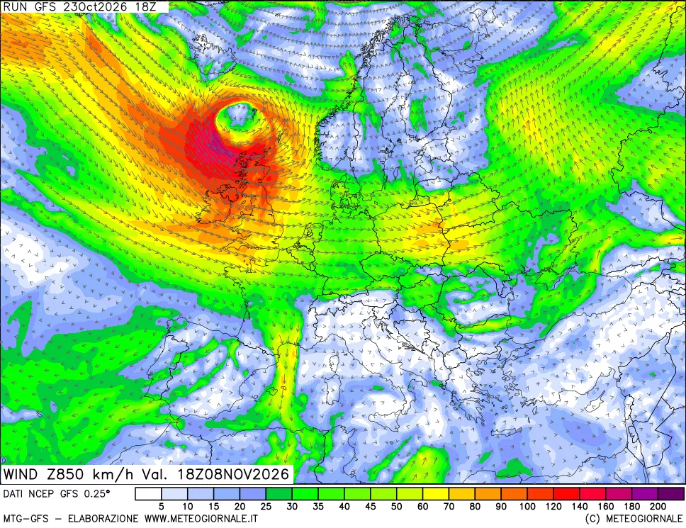 mappa 850 hPa Vento forza e direzione