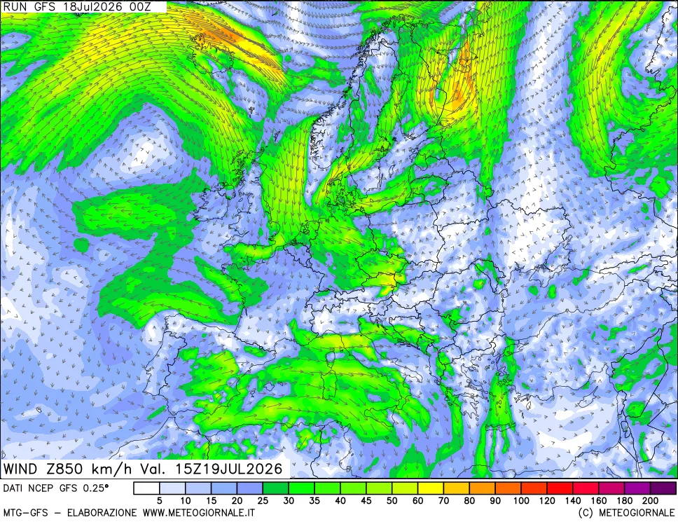 mappa 850 hPa Vento forza e direzione