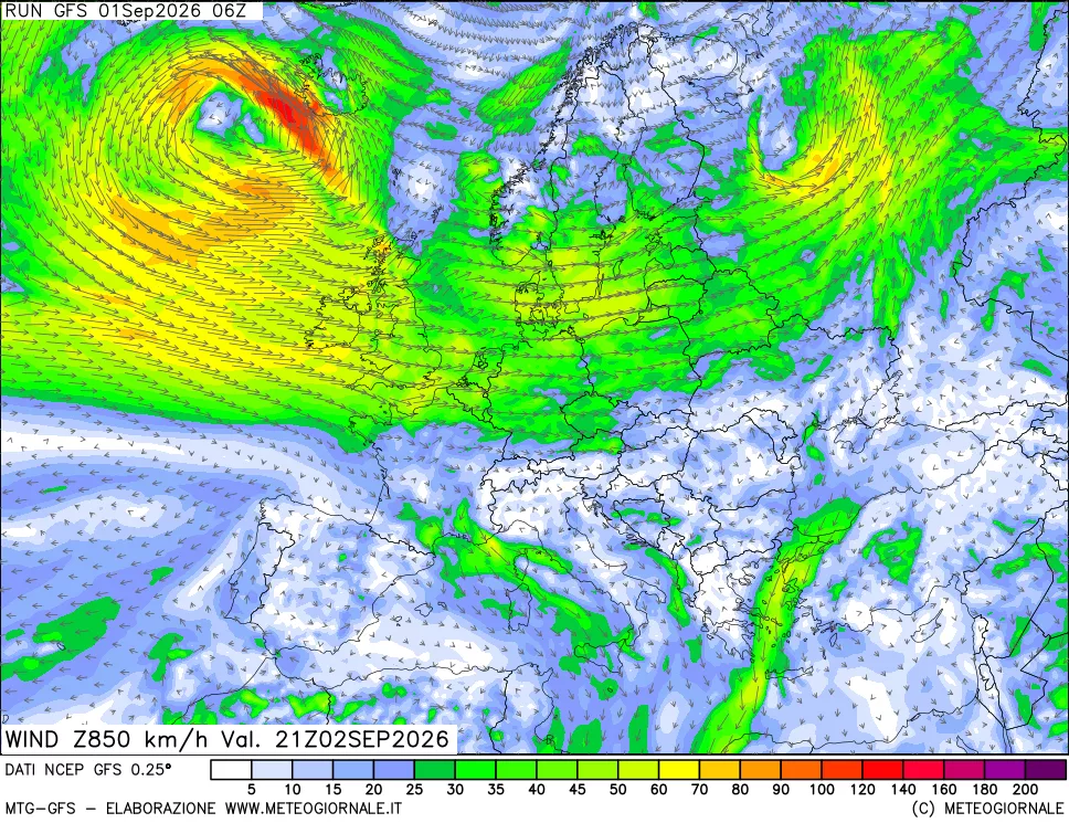 mappa 850 hPa Vento forza e direzione