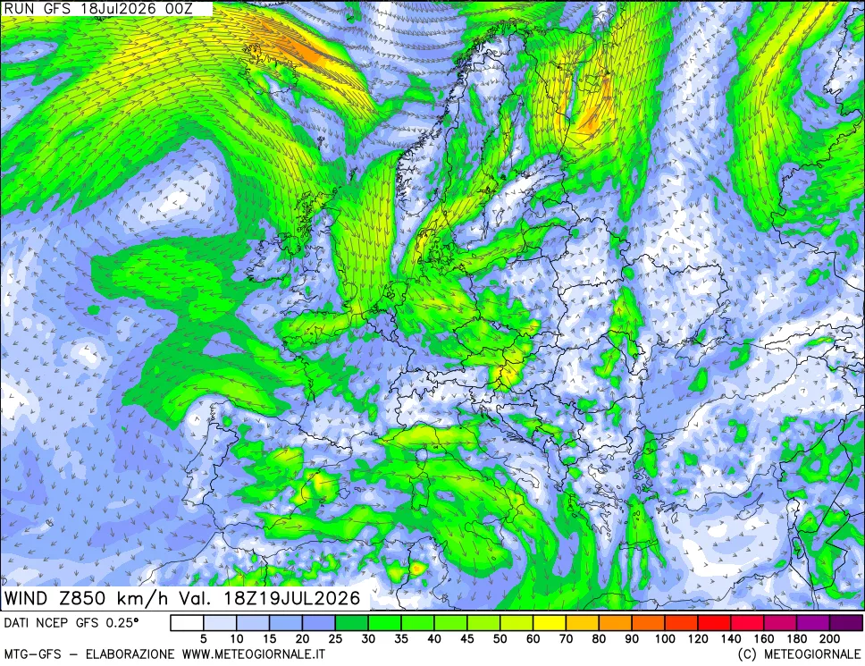 mappa 850 hPa Vento forza e direzione