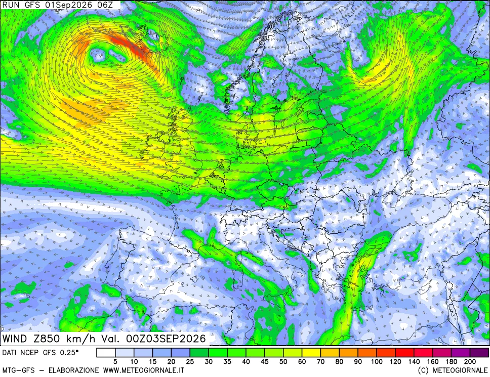 mappa 850 hPa Vento forza e direzione