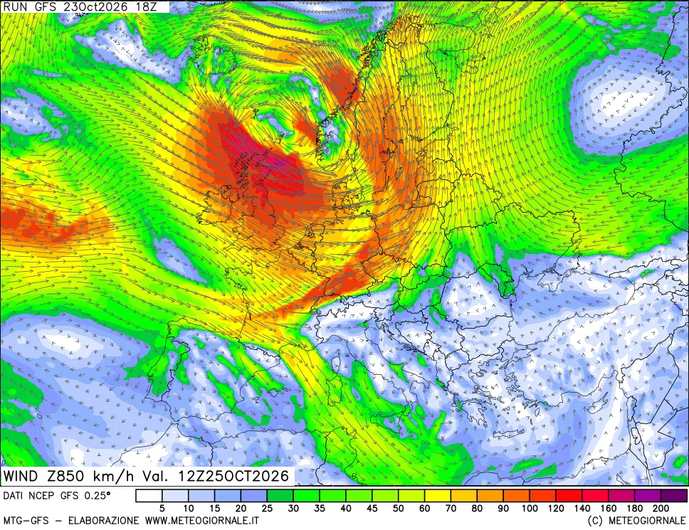 mappa 850 hPa Vento forza e direzione