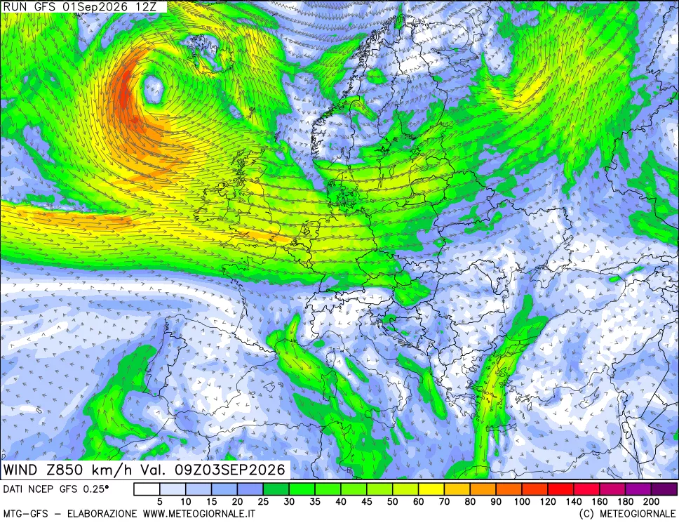 mappa 850 hPa Vento forza e direzione