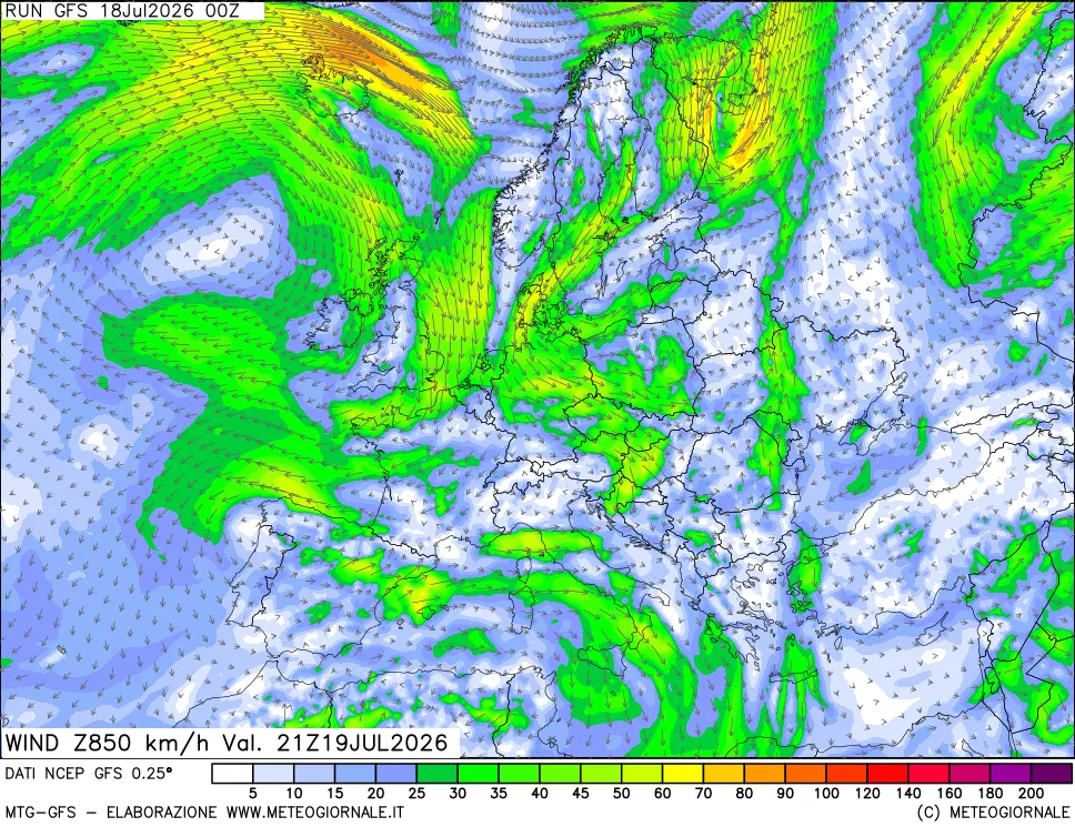mappa 850 hPa Vento forza e direzione