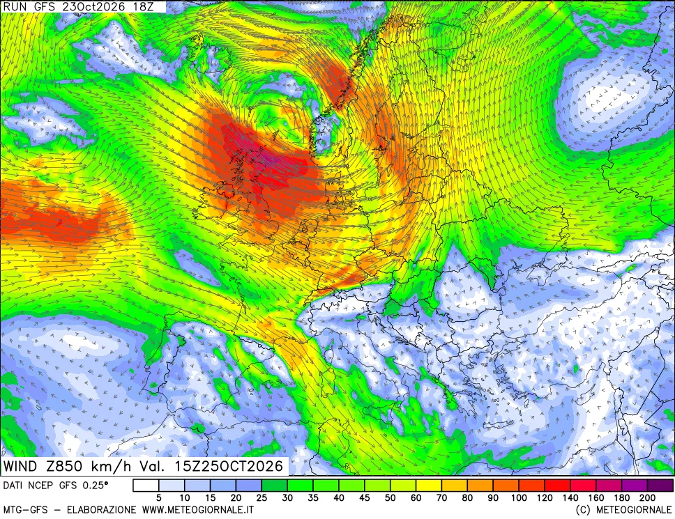 mappa 850 hPa Vento forza e direzione
