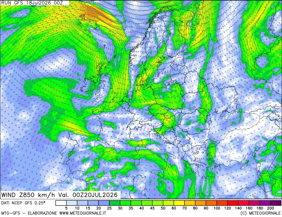mappa 850 hPa Vento forza e direzione