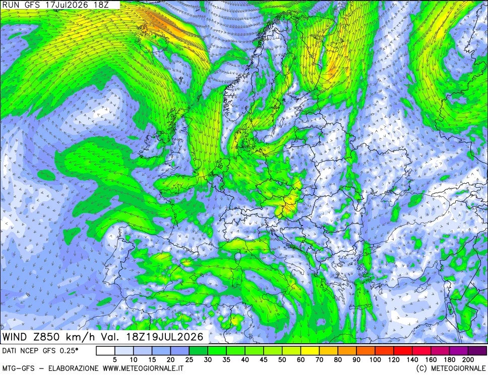 mappa 850 hPa Vento forza e direzione