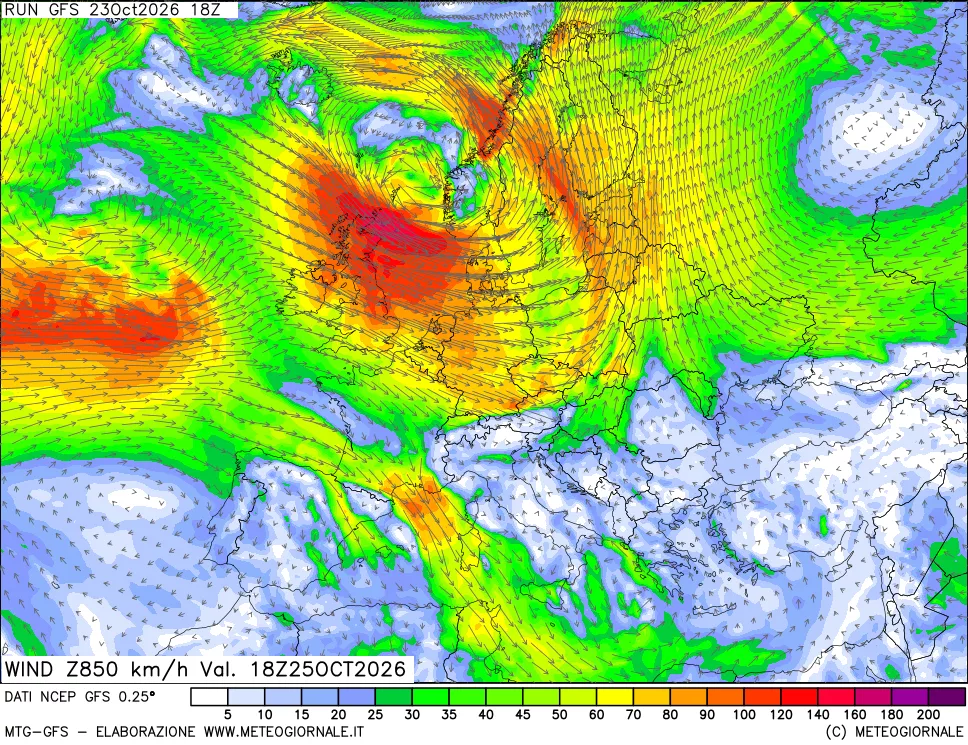 mappa 850 hPa Vento forza e direzione